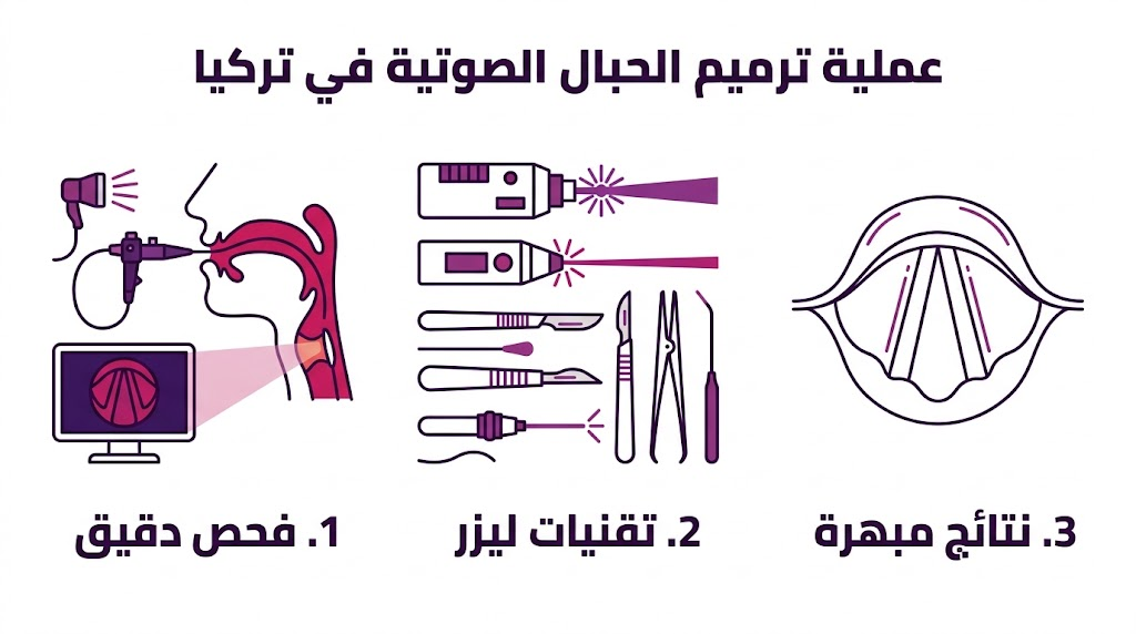  إنفوجرافيك طبي يستعرض مراحل عملية ترميم الحبال الصوتية في تركيا من الفحص حتى النتائج.