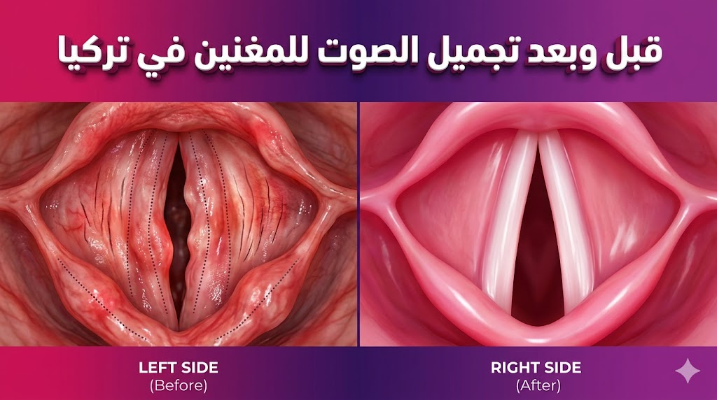  مقارنة مجهرية قبل وبعد تجميل الصوت للمغنين في تركيا تظهر تحسن حالة الأحبال الصوتية.