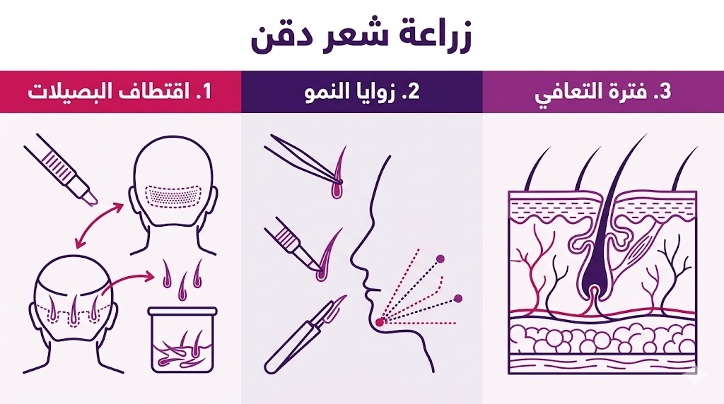  إنفوجرافيك مقسم لثلاثة أقسام يشرح مراحل زراعة شعر دقن من الاقتطاف حتى التعافي النهائي.