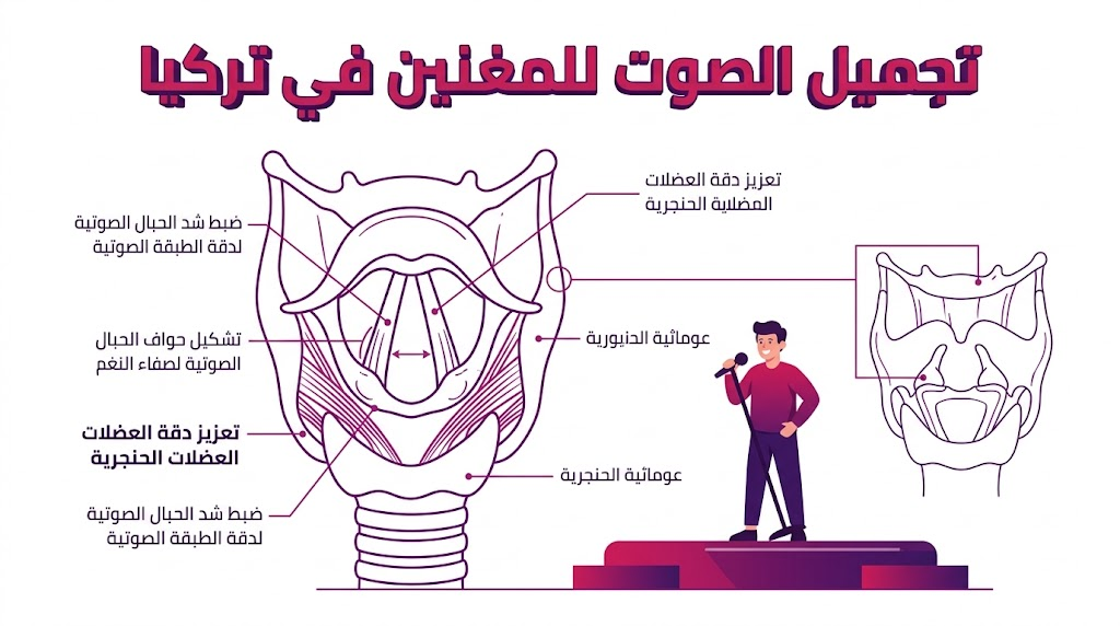مخطط تشريحي يوضح العملية العلمية لـ تجميل الصوت للمغنين في تركيا مع رسم لمغني واثق.
