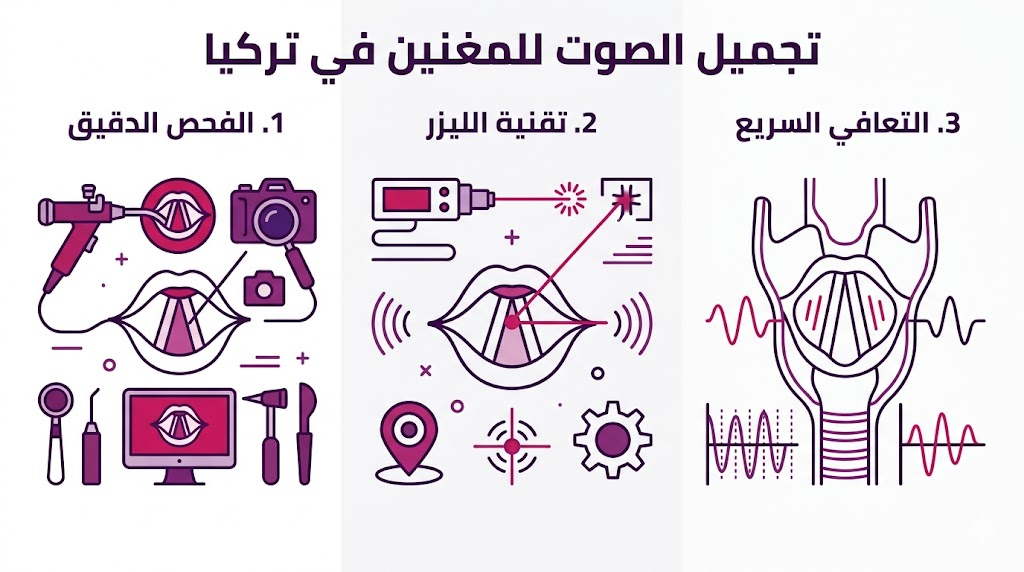 إنفوجرافيك طبي يوضح مراحل تجميل الصوت للمغنين في تركيا من الفحص إلى التعافي.