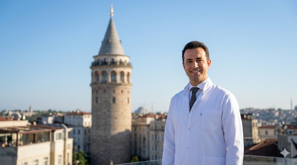  طبيب مختص في تجميل الصوت للمغنين في تركيا يقف أمام برج غالاتا التاريخي في إسطنبول.