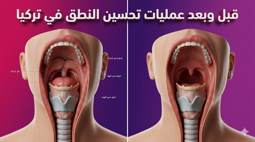 صورة مقارنة قبل وبعد تظهر التحول التشريحي الدقيق والنتائج المحققة في عمليات تحسين النطق في تركيا.