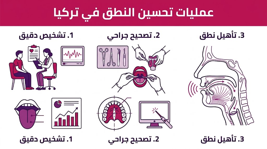  إنفوجرافيك تعليمي مقسم لثلاث مراحل يوضح رحلة علاج المريض ضمن عمليات تحسين النطق في تركيا.