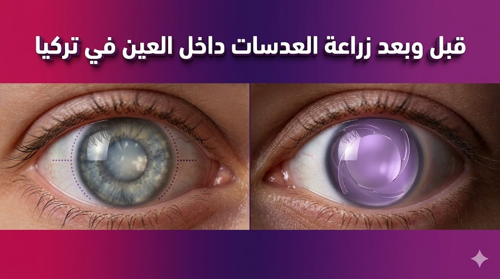 صورة مقارنة "قبل وبعد" توضح نتائج زراعة العدسات داخل العين في تركيا وتحول الرؤية من الضبابية إلى الوضوح التام.