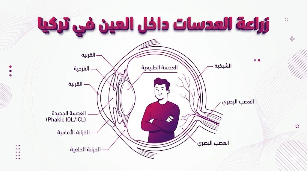  إنفوجرافيك طبي يوضح المخطط التشريحي لعملية زراعة العدسات داخل العين في تركيا وموضع العدسة الجديدة.
