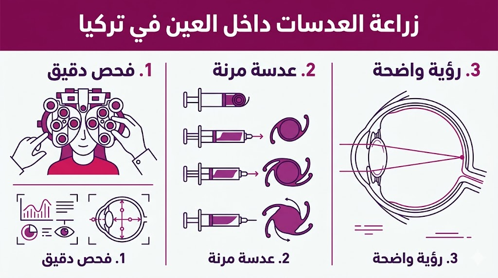 بوستر إنفوجرافيك يشرح مراحل زراعة العدسات داخل العين في تركيا من الفحص حتى الرؤية الواضحة.