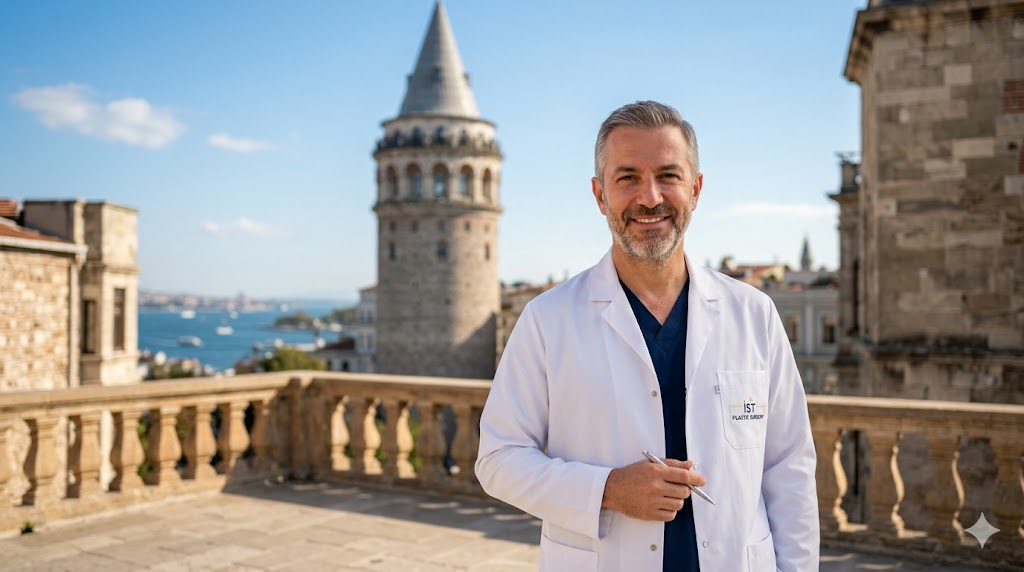  طبيب متخصص في زراعة شعر دقن يقف أمام برج غالاتا في إسطنبول، يمثل الخبرة الطبية في تركيا.