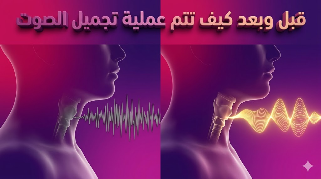  صورة مقارنة "قبل وبعد" توضح تحسن الموجات الصوتية بعد معرفة كيف تتم عملية تجميل الصوت مع نص ثلاثي الأبعاد.