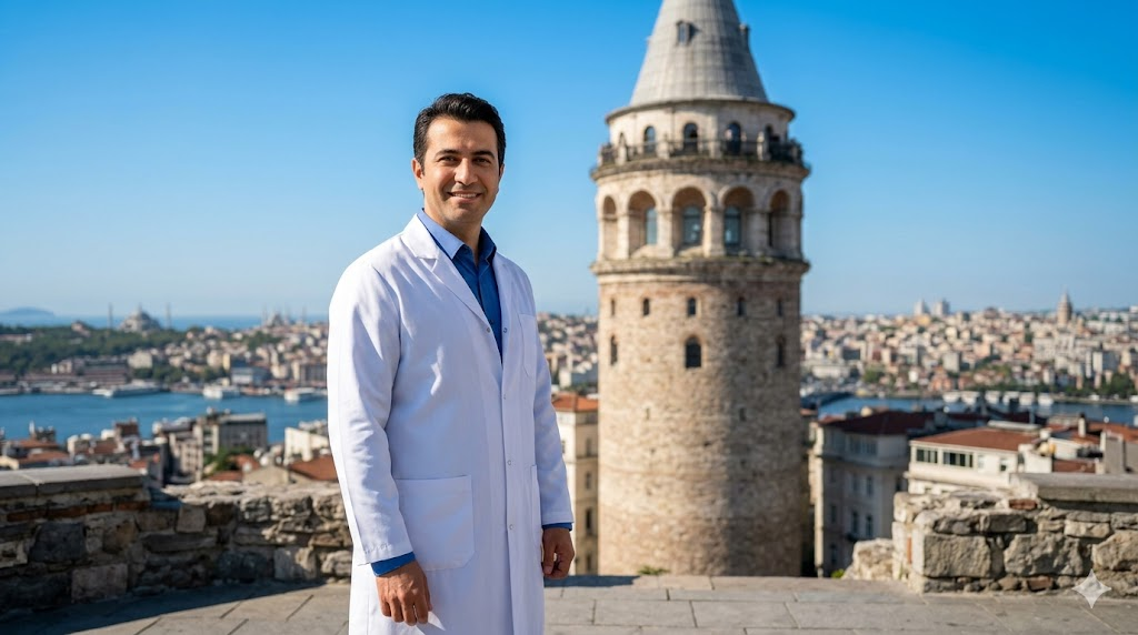 طبيب متخصص في تجميل الأوتار الصوتية يقف أمام برج غالاتا في تركيا، موضحاً كيف تتم عملية تجميل الصوت بأعلى المعايير.