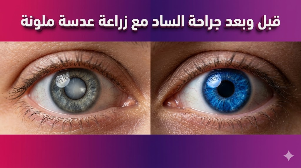 مقارنة واقعية قبل وبعد جراحة الساد مع زراعة عدسة ملونة تظهر تحول العين من العتامة إلى الوضوح التام مع لون جديد.