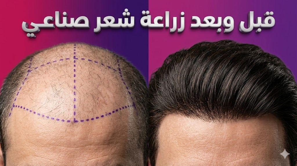  مقارنة قبل وبعد لعملية زراعة شعر صناعي تظهر استعادة كثافة الشعر بالكامل بنتائج فورية.