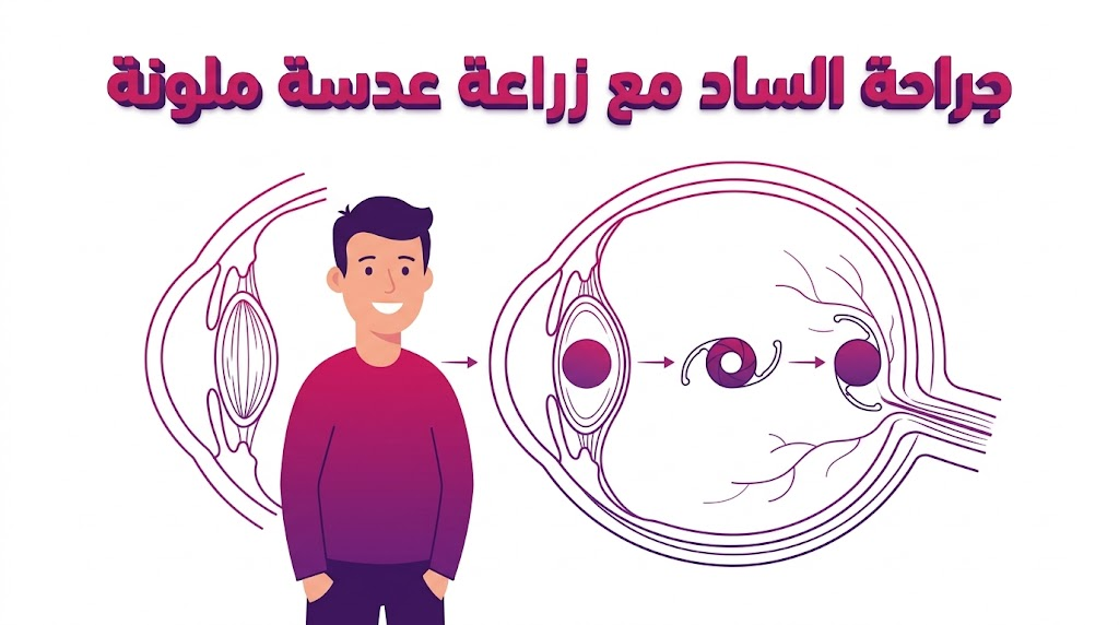 مخطط تشريحي طبي يوضح المسار العلمي لإجراء جراحة الساد مع زراعة عدسة ملونة داخل مقلة العين.