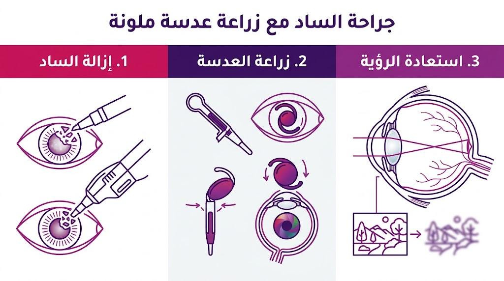  إنفوجرافيك طبي مقسم لثلاث مراحل يشرح خطوات جراحة الساد مع زراعة عدسة ملونة من الإزالة حتى استعادة البصر.