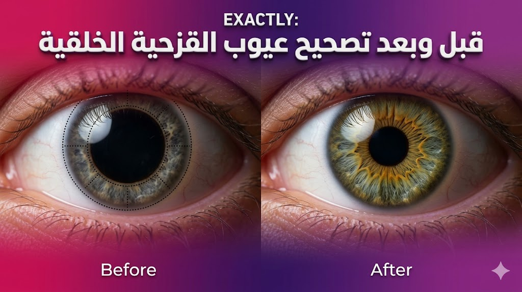 مقارنة واقعية قبل وبعد عملية تصحيح عيوب القزحية الخلقية توضح الفرق في مظهر العين وشكل القزحية.