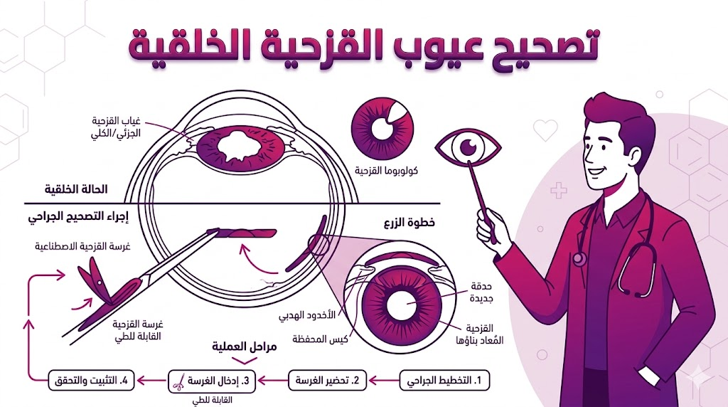إنفوجرافيك تعليمي يوضح التشريح الداخلي للعين وكيفية تصحيح عيوب القزحية الخلقية طبياً.
