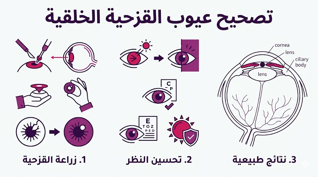 ملصق إنفوجرافيك طبي يوضح مراحل تصحيح عيوب القزحية الخلقية وفوائدها التقنية والجمالية.