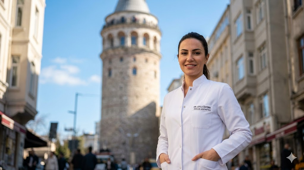 طبيب عيون متخصص في تصحيح عيوب القزحية الخلقية يقف أمام برج غالاتا التاريخي في إسطنبول.