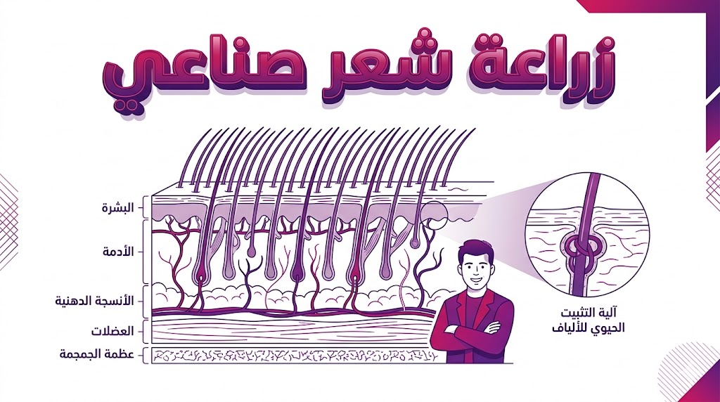  إنفوجرافيك طبي يوضح العلم وراء زراعة شعر صناعي وكيفية تثبيت الألياف في طبقات الجلد.