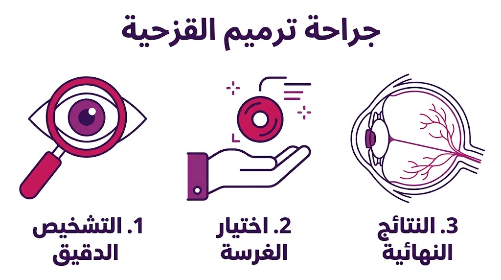 بوستر إنفوجرافيك يوضح مراحل جراحة ترميم القزحية من التشخيص حتى النتائج النهائية.