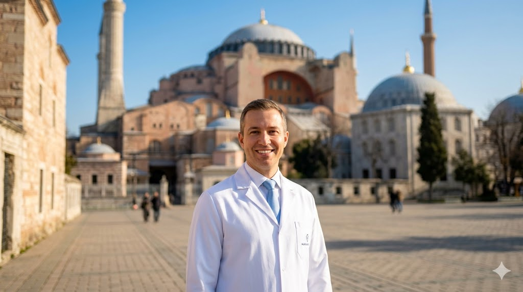  طبيب عيون متخصص في جراحة ترميم القزحية يقف أمام جامع آيا صوفيا في إسطنبول، تركيا.