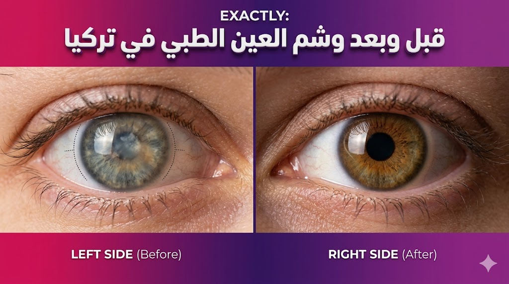 مقارنة قبل وبعد تظهر نتائج وشم العين الطبي في تركيا على قرنية العين مع كتابة ثلاثية الأبعاد.