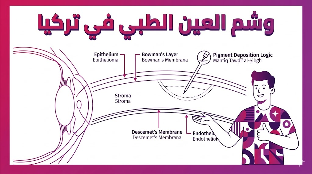  إنفوجرافيك طبي يوضح التشريح العلمي لعملية وشم العين الطبي في تركيا وكيفية حقن الصبغات في طبقات القرنية.