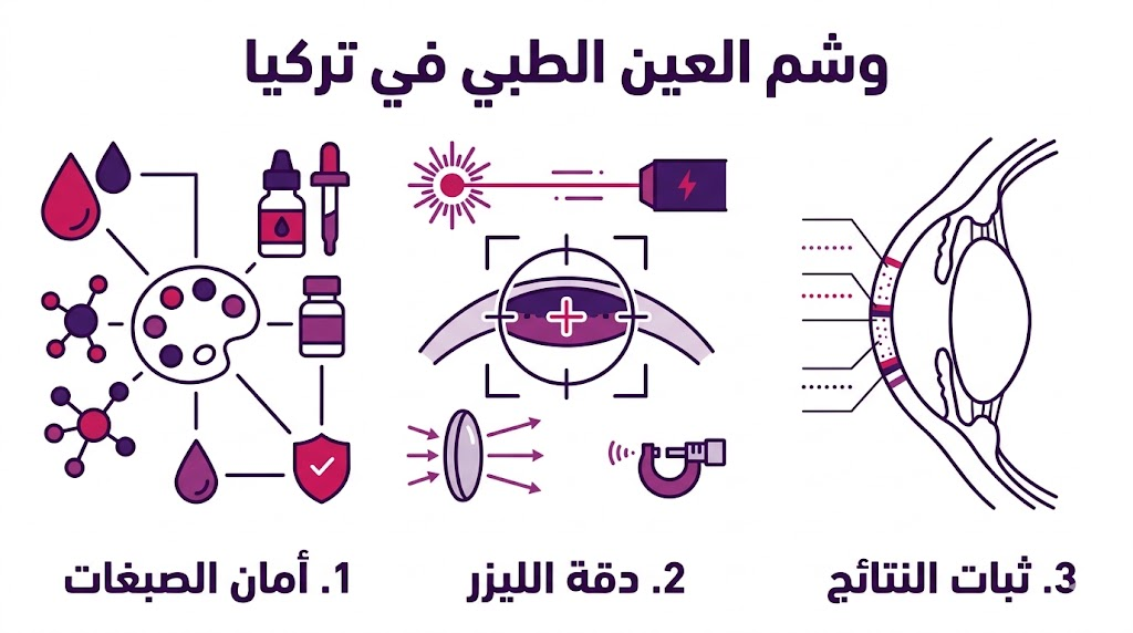 بوستر إنفوجرافيك علمي يلخص أمان الصبغات ودقة الليزر المستخدم في وشم العين الطبي في تركيا.