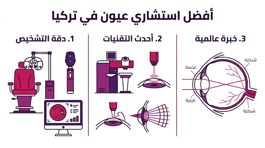 ملصق إنفوجرافيك يوضح ركائز الخدمة لدى أفضل استشاري عيون في تركيا من تشخيص وتقنيات وخبرة.