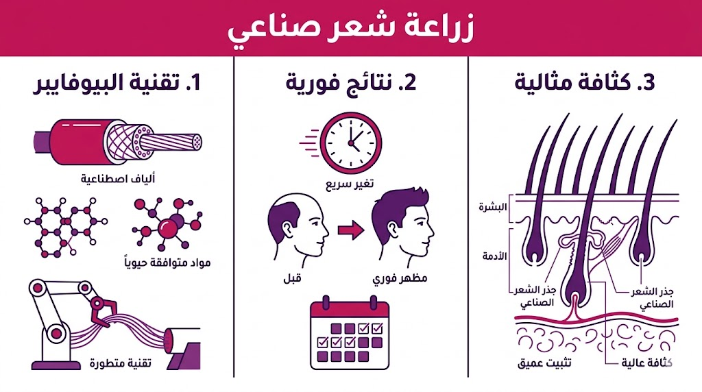إنفوجرافيك مقسم لثلاثة أقسام يشرح مميزات زراعة شعر صناعي من حيث التقنية والنتائج والكثافة.
