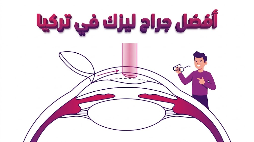 إنفوجرافيك تعليمي يوضح تشريح العين وكيفية عمل الليزر تحت إشراف أفضل جراح ليزك في تركيا.