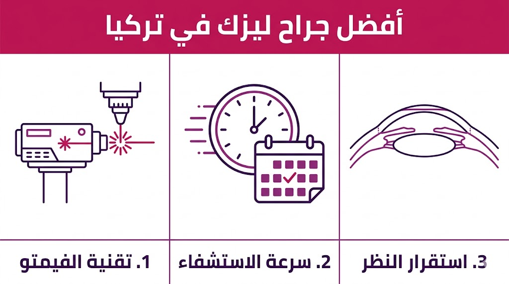 بوستر طبي يوضح مميزات عملية تصحيح النظر والتقنيات التي يستخدمها أفضل جراح ليزك في تركيا.