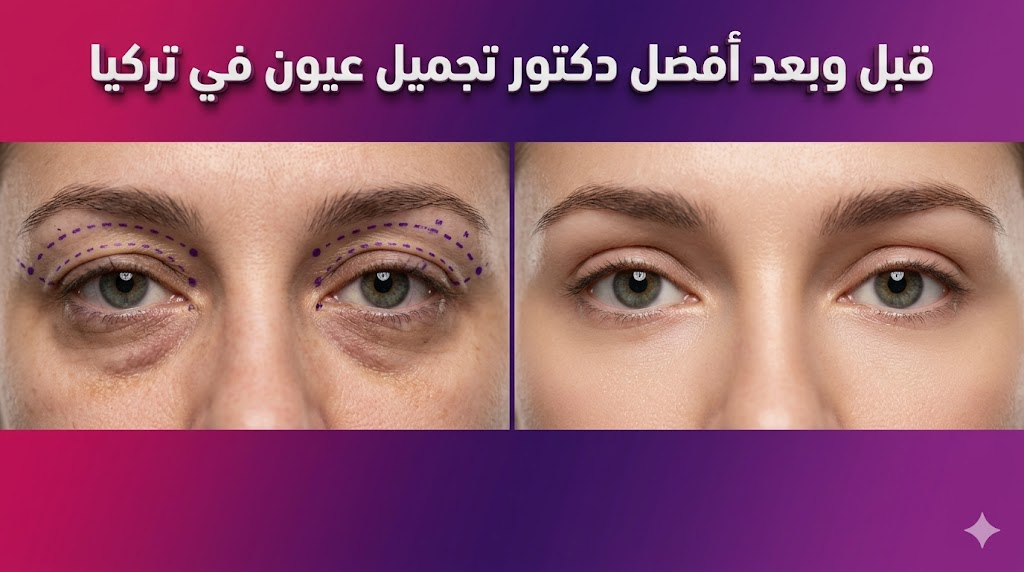 مقارنة قبل وبعد تظهر نتائج شد الجفون لدى أفضل دكتور تجميل عيون في تركيا مع علامات جراحية توضيحية.