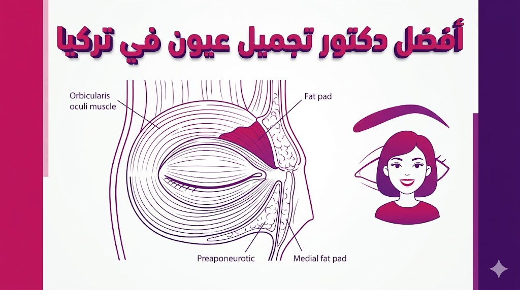 مخطط تشريحي علمي يوضح تقنيات جراحة الجفون المتبعة من قبل أفضل دكتور تجميل عيون في تركيا.