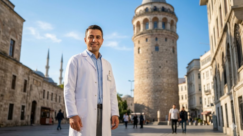  طبيب تجميل متخصص في زراعة شعر صناعي يقف أمام برج غالاتا في إسطنبول.