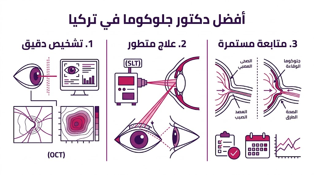 بوستر إنفوجرافيك يوضح مراحل التشخيص والعلاج الحديثة للمياه الزرقاء مع أفضل دكتور جلوكوما في تركيا.