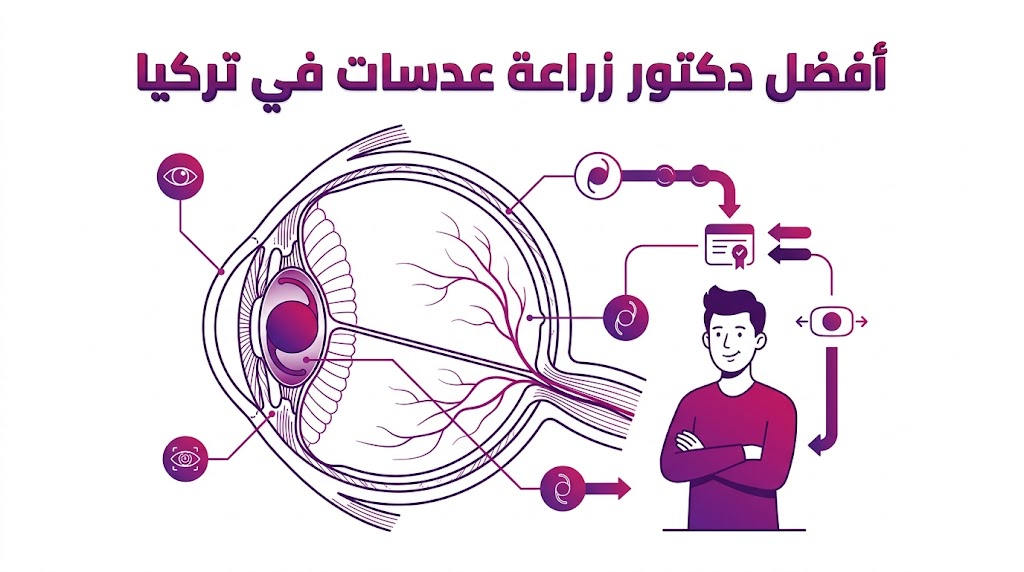  إنفوجرافيك تعليمي يوضح تشريح العين ومكان زراعة العدسة بدقة تحت إشراف أفضل دكتور زراعة عدسات في تركيا.