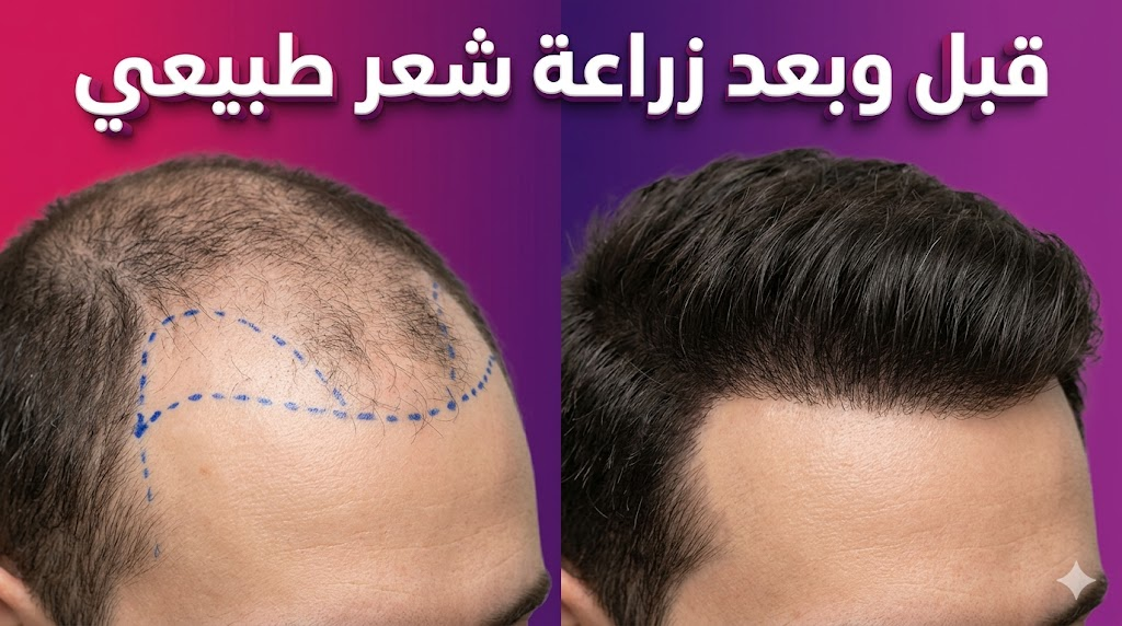  صورة مقارنة قبل وبعد زراعة شعر طبيعي تظهر تحديد الخطوط الطبية والنتائج النهائية للكثافة.