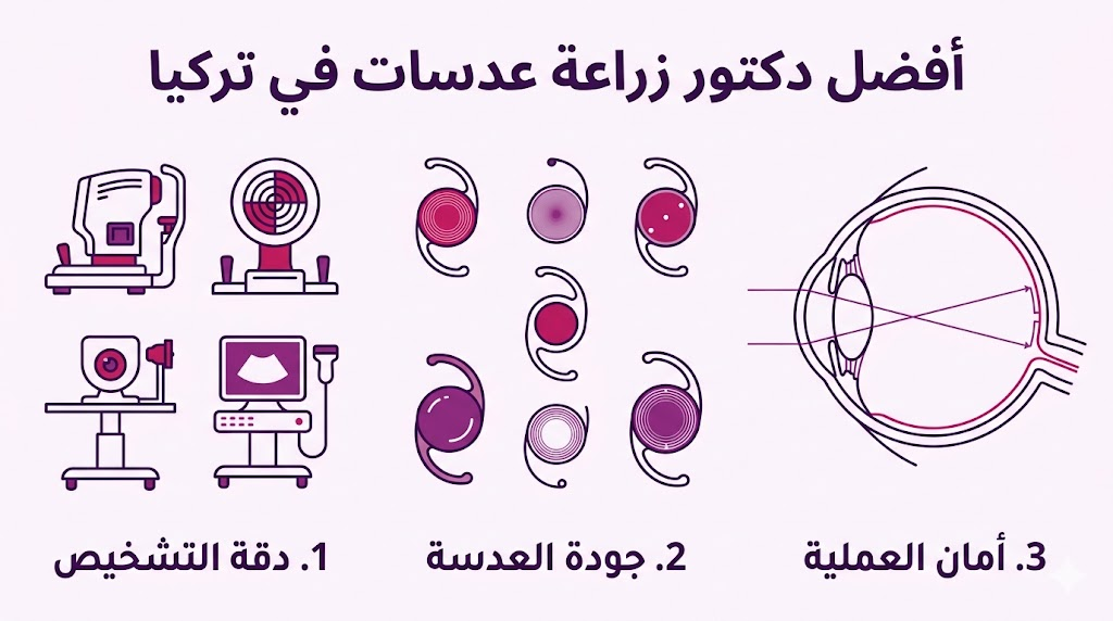 بوستر إنفوجرافيك مقسم لثلاثة أقسام يشرح مميزات زراعة العدسات مع أفضل دكتور في تركيا باللغة العربية.