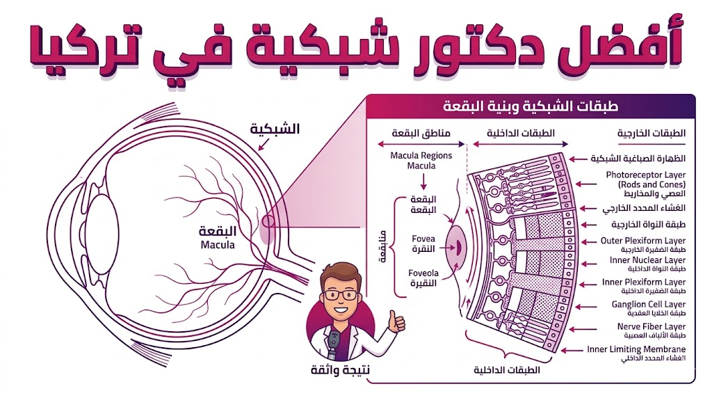 مخطط طبي تشريحي (انفوجرافيك) يوضح هيكل العين والشبكية بدقة، مرتبط بخدمات أفضل دكتور شبكية في تركيا.