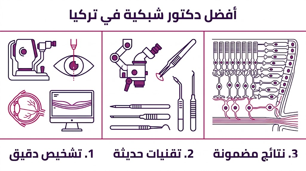 انفوجرافيك تعليمي مقسم لثلاثة أقسام يشرح مراحل العلاج لدى أفضل دكتور شبكية في تركيا.