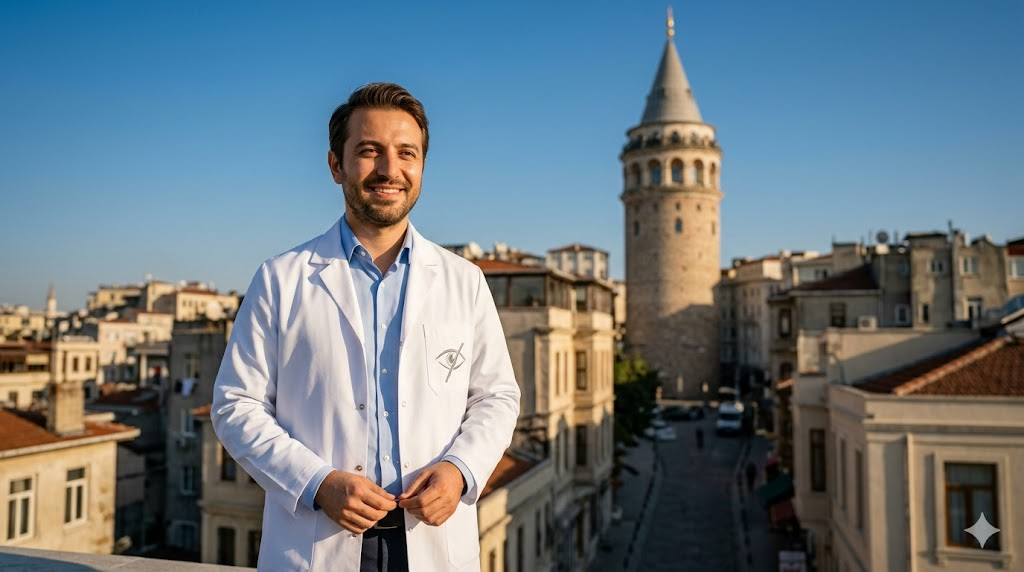 طبيب عيون خبير يقف أمام برج غالاتا في اسطنبول، يمثل أفضل دكتور شبكية في تركيا لخدمة المرضى الدوليين.