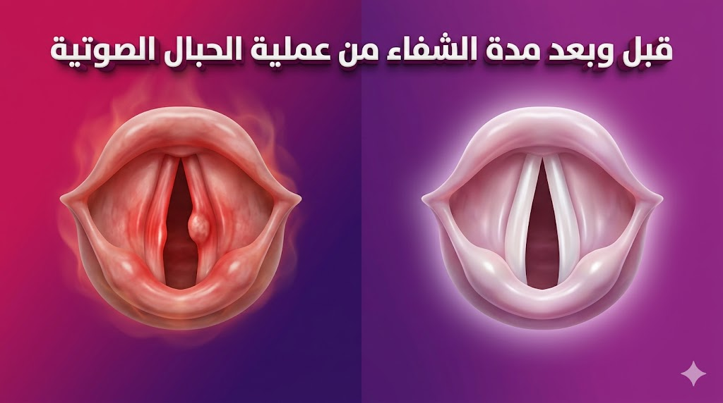 مقارنة قبل وبعد توضح تحسن الحنجرة بعد انقضاء مدة الشفاء من عملية الحبال الصوتية.