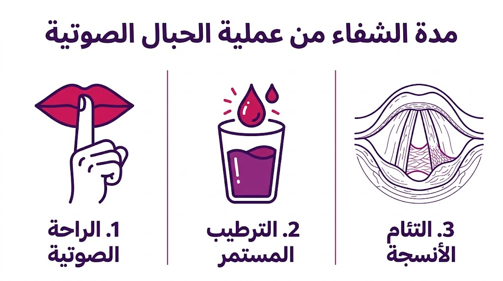 إنفوجرافيك طبي يشرح مراحل مدة الشفاء من عملية الحبال الصوتية من خلال الراحة والترطيب.