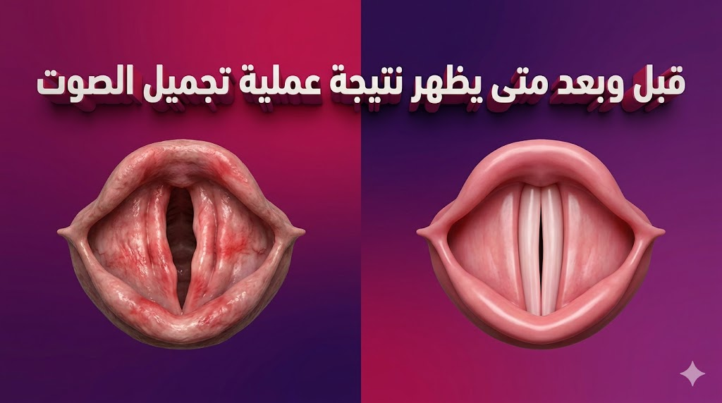  مقارنة قبل وبعد توضح تحسن حالة الأوتار الصوتية للإجابة على تساؤل متى يظهر نتيجة عملية تجميل الصوت.