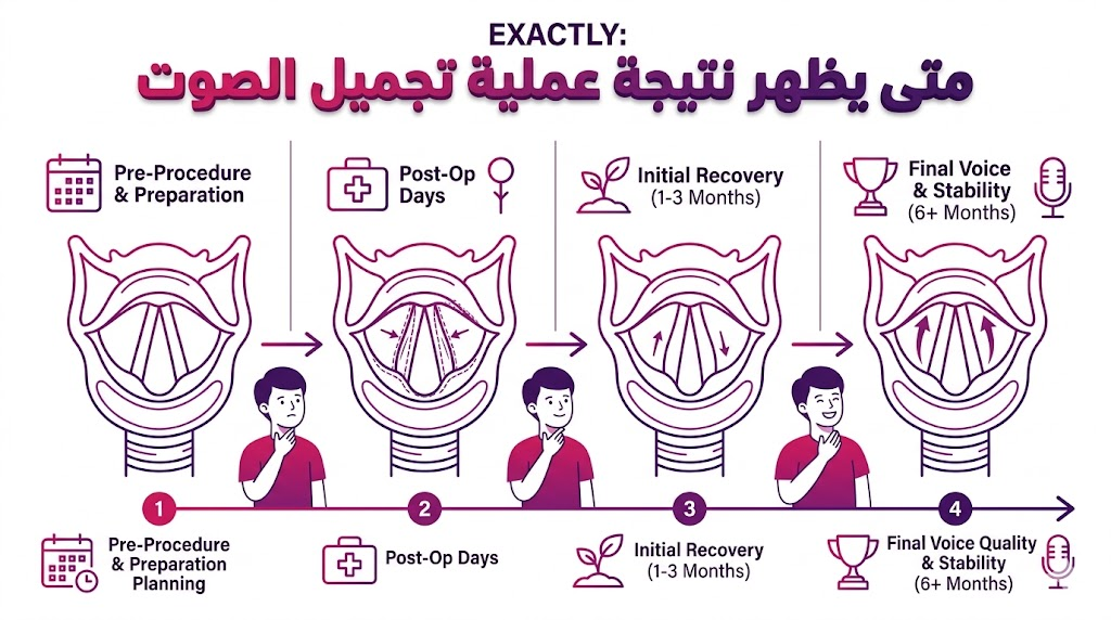 مخطط تشريحي تعليمي يوضح الأوتار الصوتية وكيفية متى يظهر نتيجة عملية تجميل الصوت بشكل علمي.