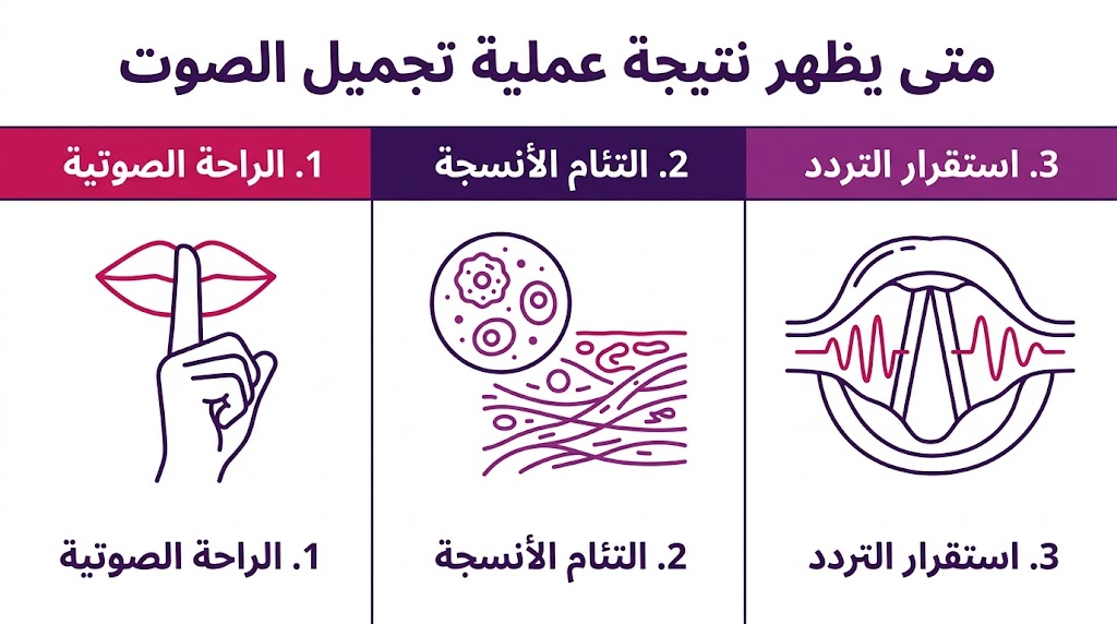  إنفوجرافيك طبي يوضح مراحل التعافي الثلاث لمعرفة متى يظهر نتيجة عملية تجميل الصوت.
