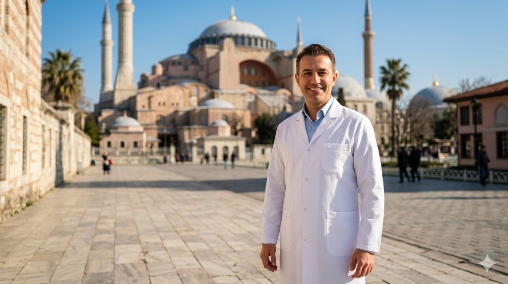 طبيب متخصص في تركيا يشرح للمرضى متى يظهر نتيجة عملية تجميل الصوت أمام آيا صوفيا.