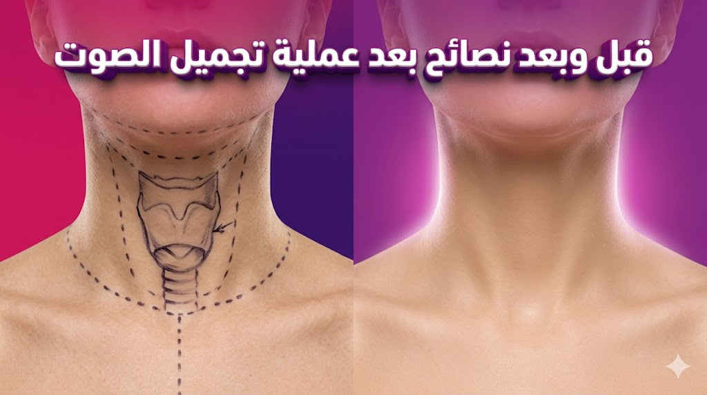 مقارنة قبل وبعد توضح نتائج الالتزام بـ نصائح بعد عملية تجميل الصوت على منطقة الحنجرة.