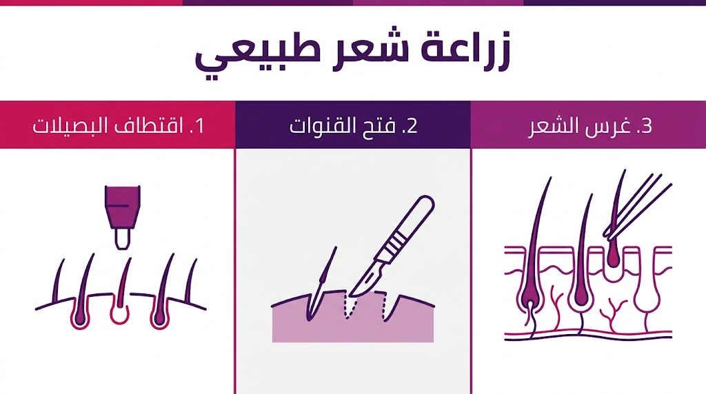  بوستر توضيحي لخطوات زراعة شعر طبيعي تشمل الاقتطاف، فتح القنوات، وغرس البصيلات.